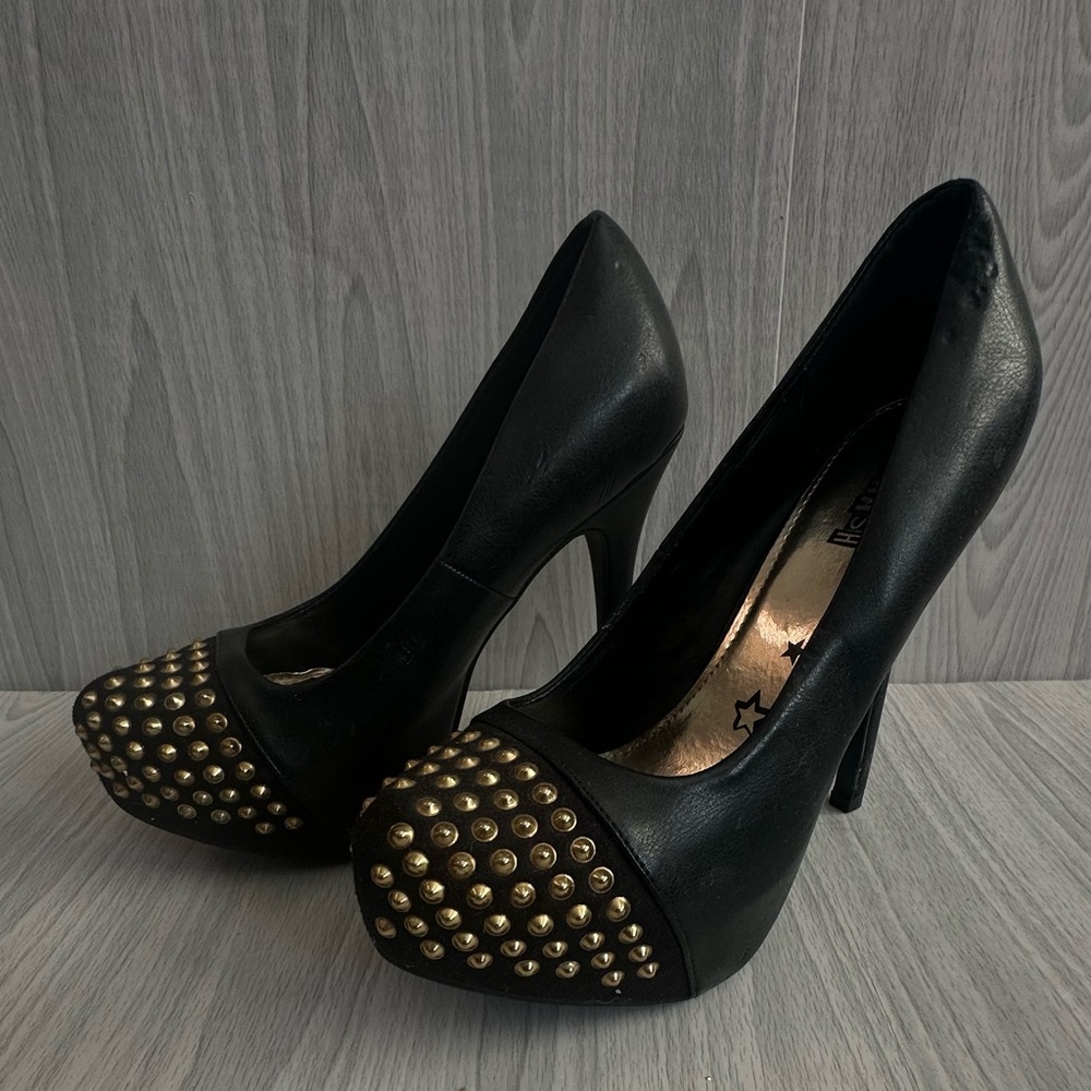 Brash Black and Gold Studded Heels